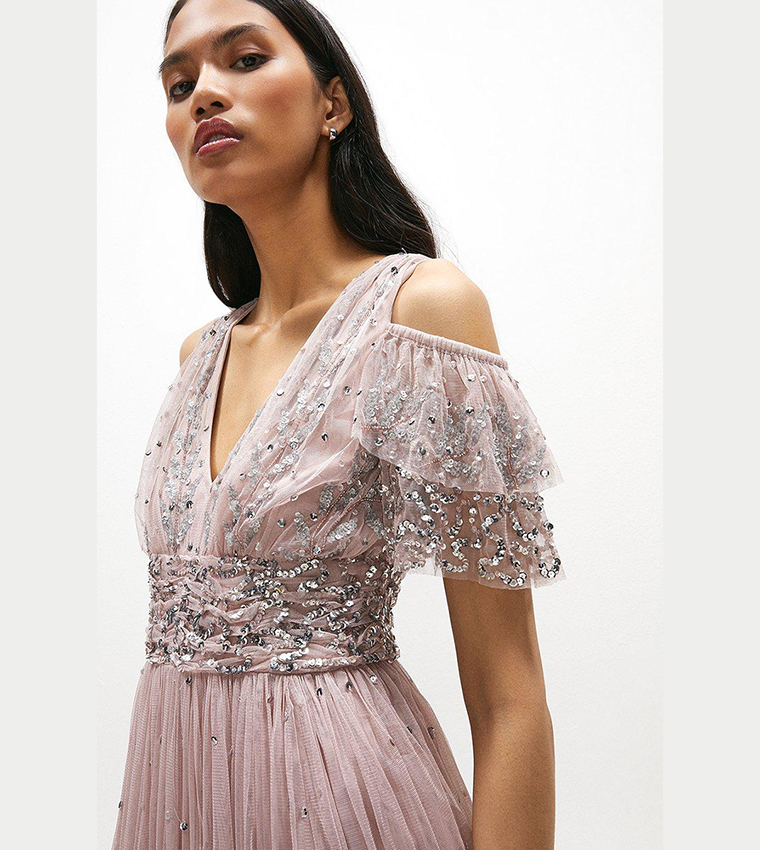 Buy Coast Cold Shoulder Embellished Maxi Dress In Blush