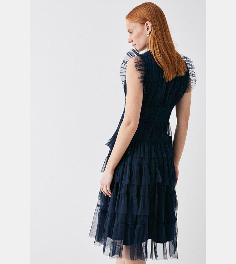 Buy Coast Tulle Tiered Frill Sleeves Dress In Navy | 6thstreet Oman
