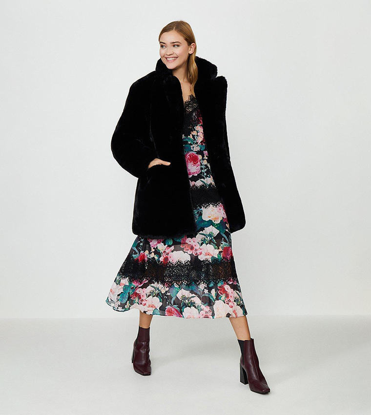 Black fur outlet midi coat