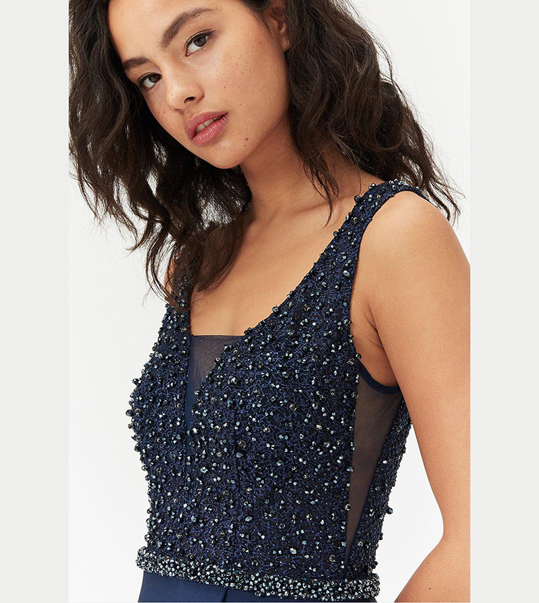 Buy Coast Beaded Satin Maxi Dress In Blue | 6thstreet Oman