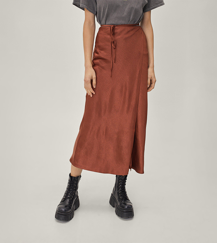 Buy Nasty Gal Strappy Satin High Waisted Midi Skirt In Brown