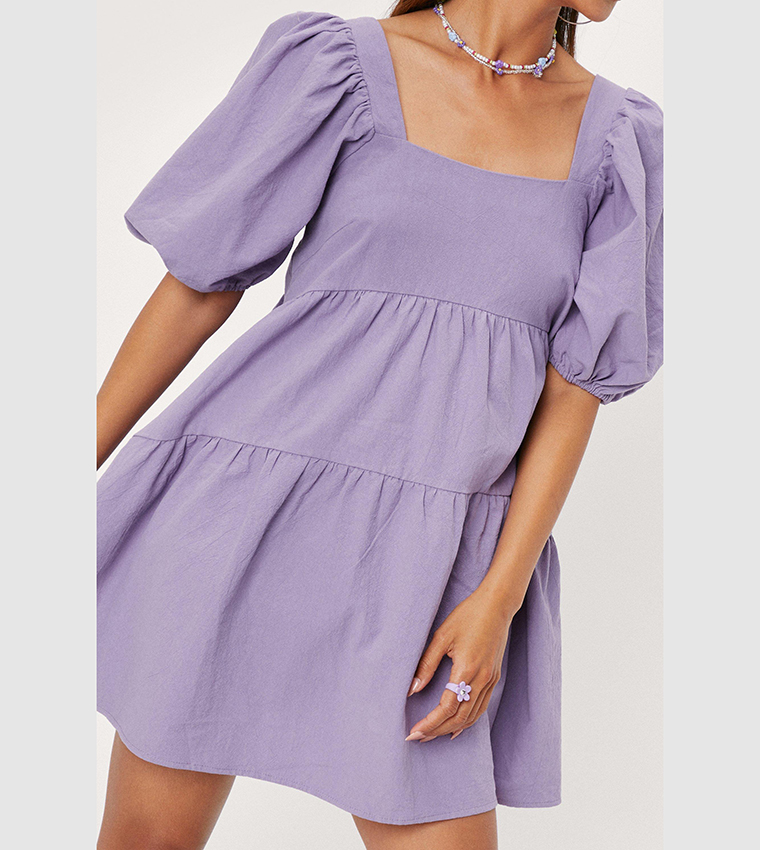 Buy Nasty Gal Petite Puff Sleeves Tiered Smock Mini Dress In Lilac
