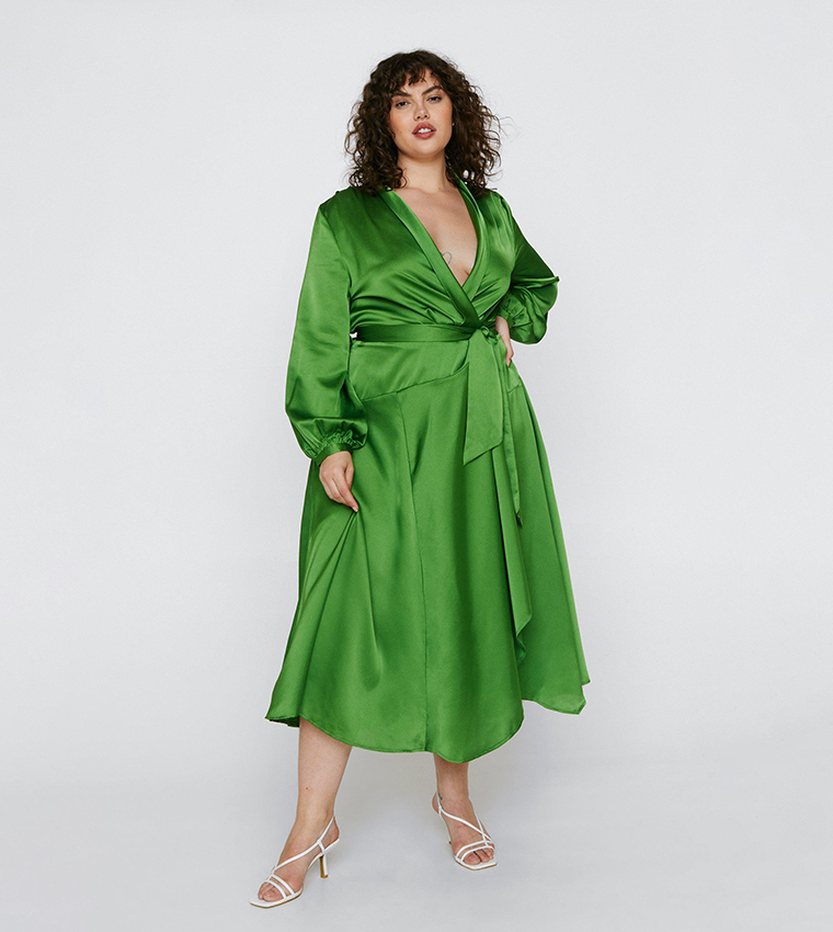 green emerald velvet dress Ashly Bottle Green Satin Maxi Dress With Volume Hem – Club L London main image 0