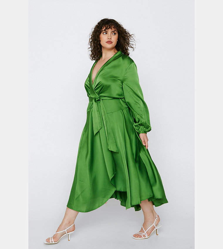 nasty gal green silk dress Olive Satin Lace Trim Mix Maxi Dress