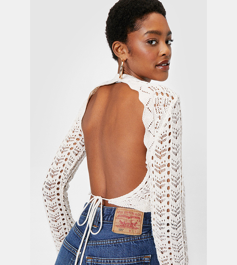 Buy Nasty Gal Crochet Knitted Open Back Tie Crop Top In Ecru