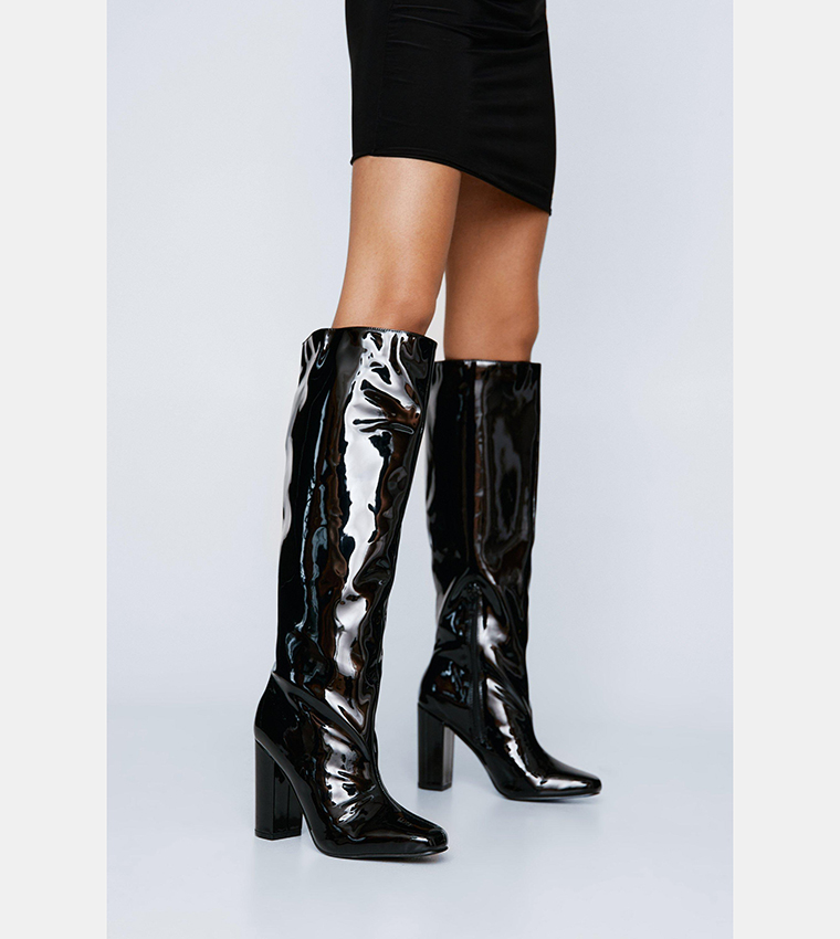 Black patent knee outlet high boots wide fit