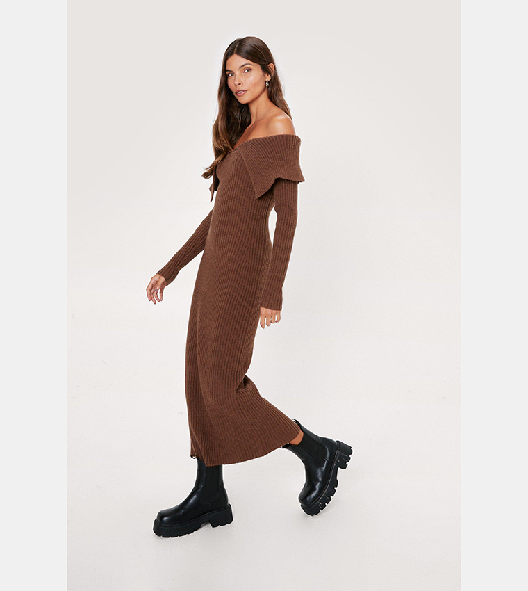 Buy Nasty Gal Bardot Fold Over Ribbed Knitted Midi Dress In CHOCOLATE 6thStreet UAE