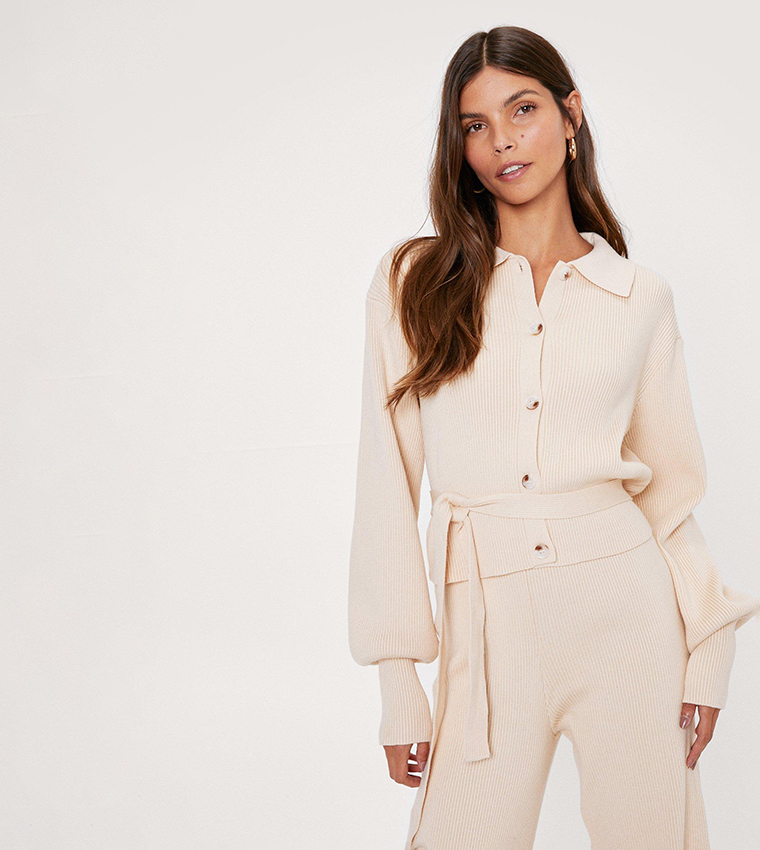 Buy Nasty Gal Ribbed Knitted Belted Cardigan And Pants Set In