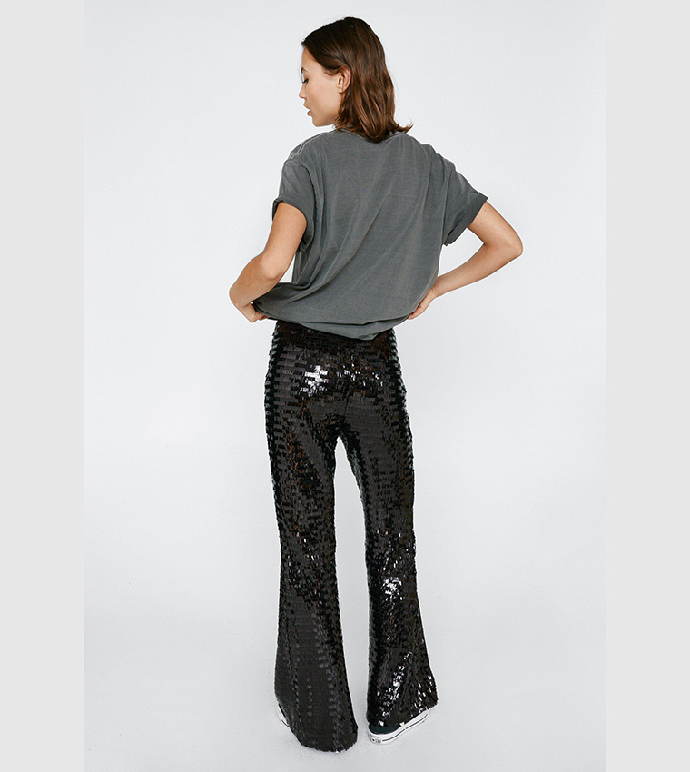 Buy Nasty Gal Premium Disco Sequin Flared Trousers In Black