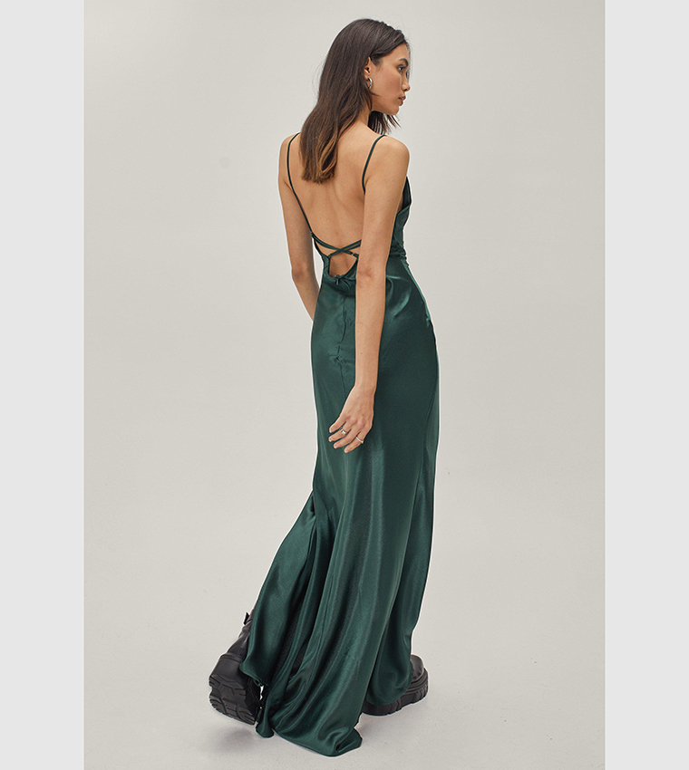green emerald velvet dress Lime Green Satin Strapless Sexy Slit Sheath Cowl Neck Prom Dress main image 0