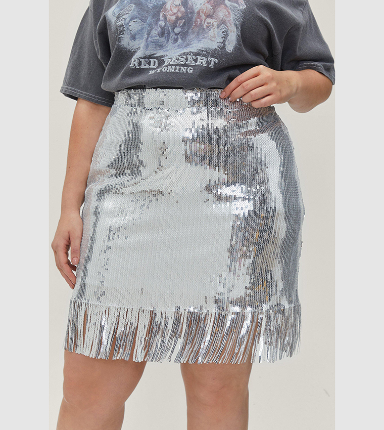 Buy Nasty Gal Plus Size Sequined Fringe Mini Skirt In Silver