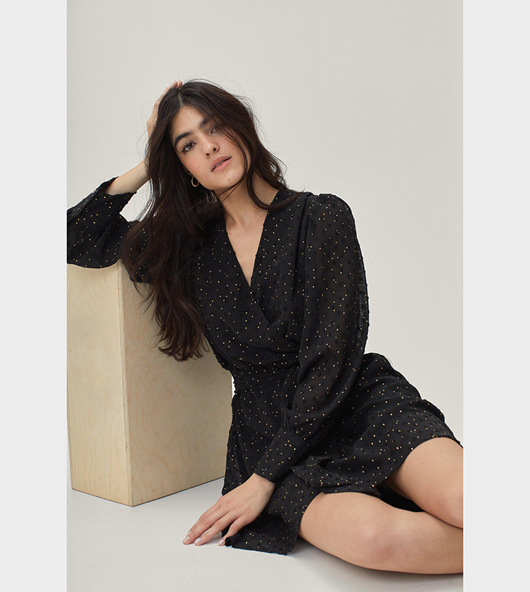 Buy Nasty Gal Polka Dot Dobby Mesh Tie Front Mini Dress In Black |  6thStreet UAE