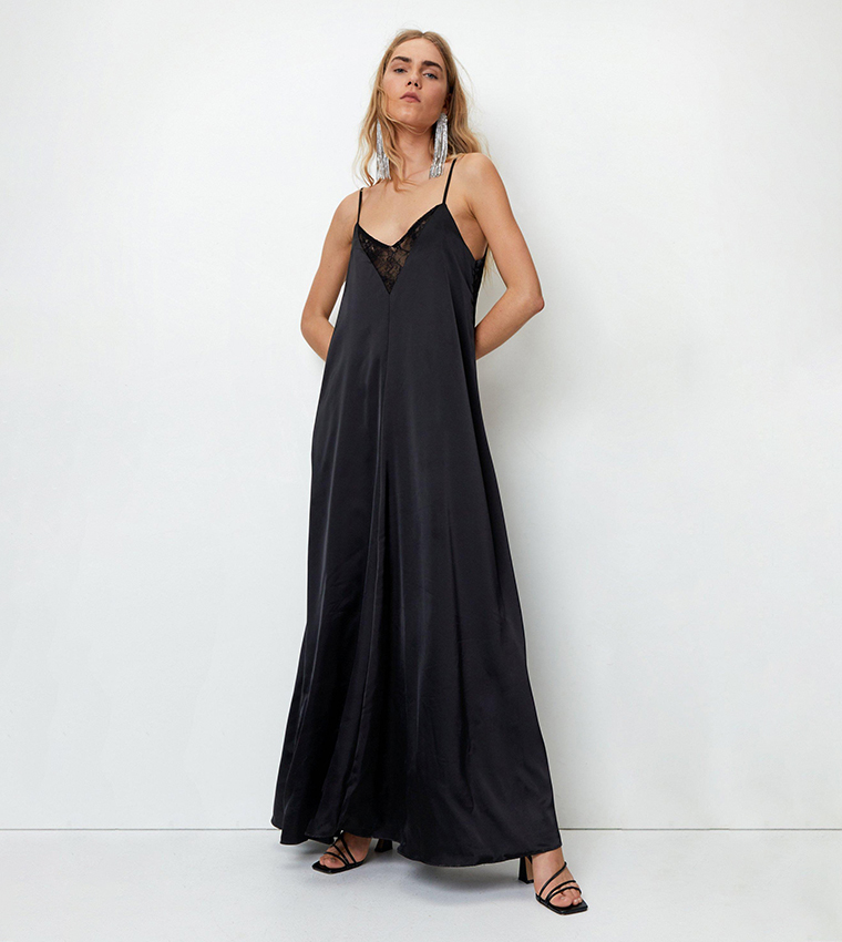 Buy Nasty Gal Satin Lace Insert Trapeze Maxi Dress In Black | 6thstreet Oman