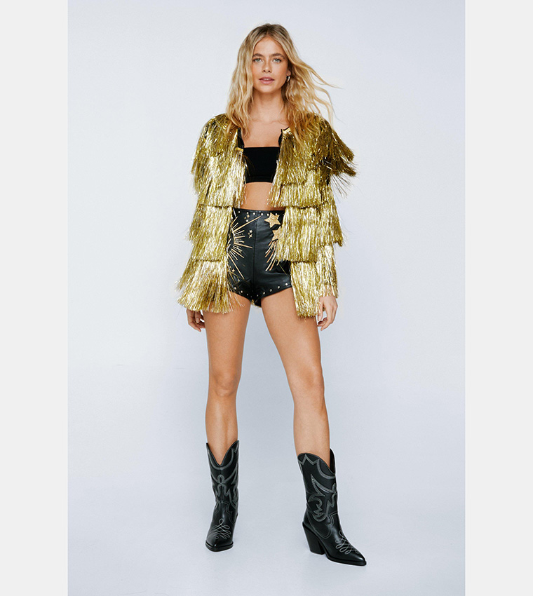 Buy Nasty Gal Metallic Open Front Tiered Tinsel Fringe Jacket In Gold ...