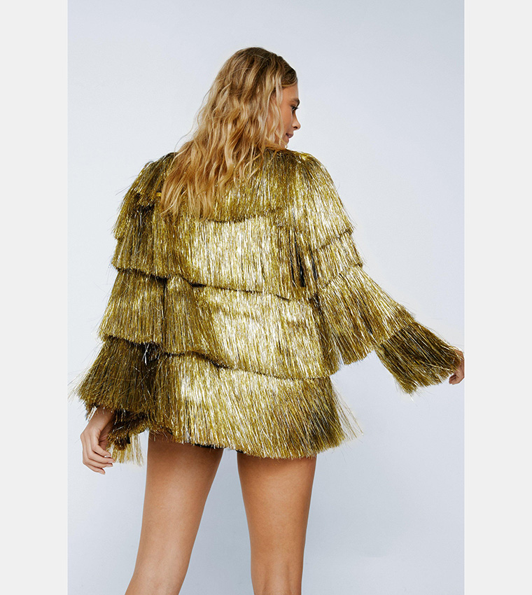 Metallic Open Front Tiered Tinsel Fringe Jacket