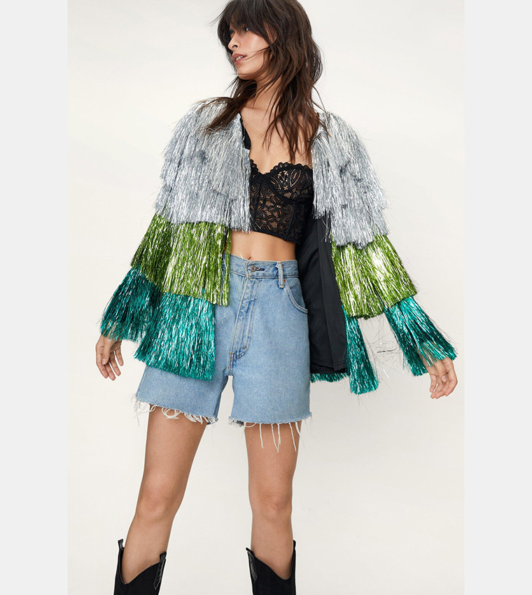 Buy Nasty Gal Metallic Open Front Tiered Tinsel Fringe Jacket In Green