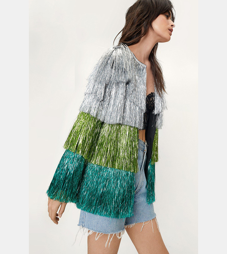 Buy Nasty Gal Metallic Open Front Tiered Tinsel Fringe Jacket In Green ...