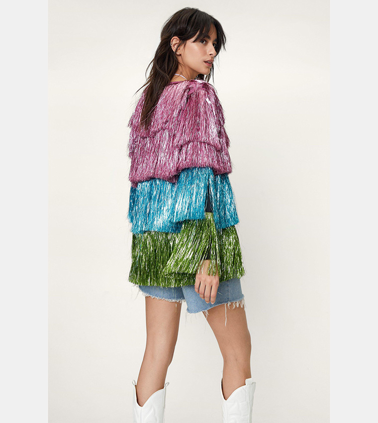 Buy Nasty Gal Metallic Open Front Tiered Tinsel Fringe Jacket In Pink