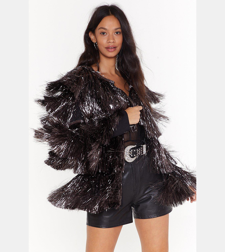 Metallic Tiered Tinsel Fringe Open Front Jacket