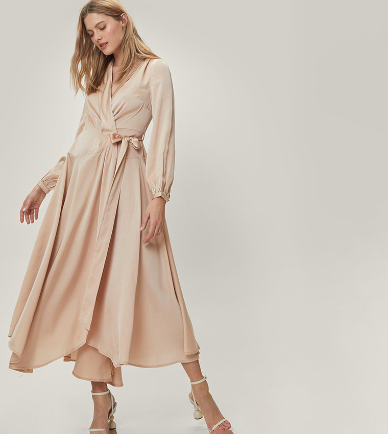 Buy Nasty Gal Satin Wrap Midaxi Evening Dress In Beige 6thStreet Qatar