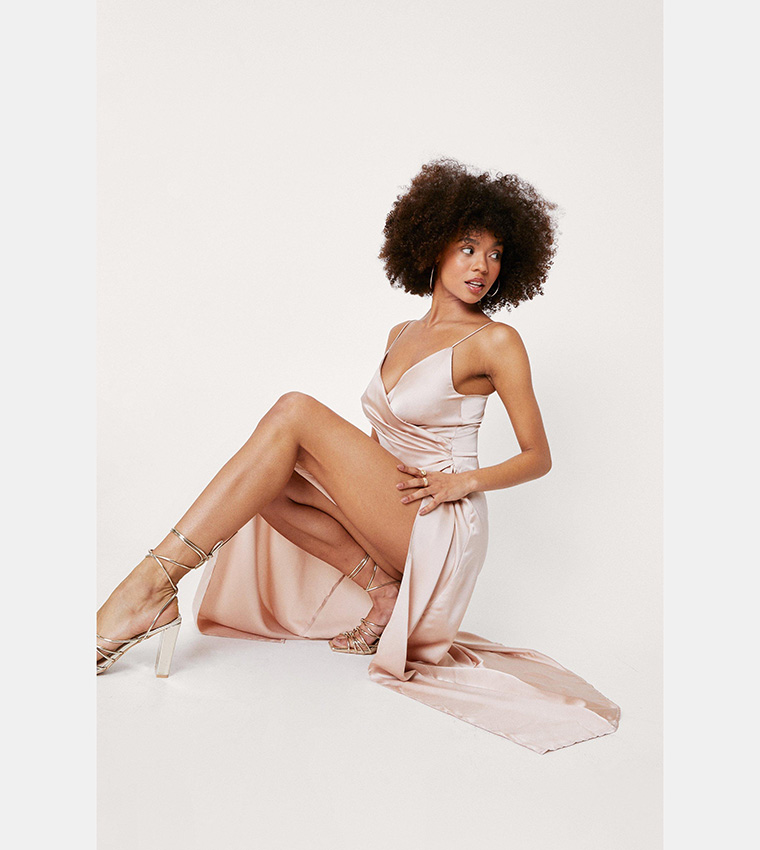 nasty gal champagne dress MissPap Women's Premium Satin Racer Open Back Bridesmaid Dress in Champagne
