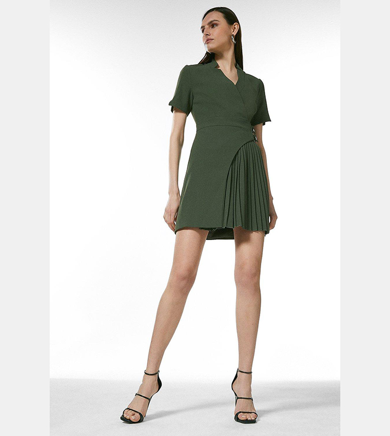 tailored military pleat notch neck wrap mini dress KAREN MILLEN Tailored Military Pleat Notch Neck Wrap Mini Dress