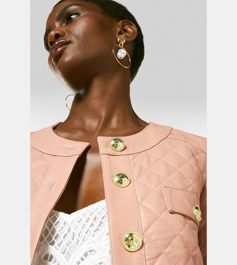 Buy Karen Millen Leather Quilted Trophy Biker Jacket In Pink ...