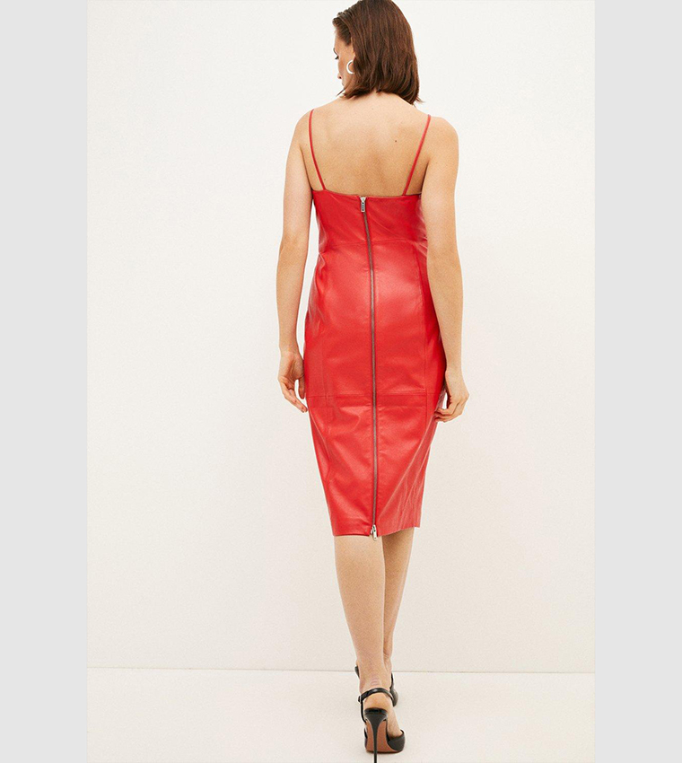 knee length dresses for ladies Karen Millen Red Leather Contrast Stitch Sleeveless Midi Dress UK 10