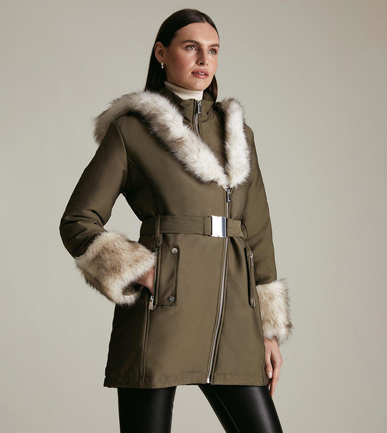 Buy Karen Millen Faux Fur Collar Trim Parka Jacket In Khaki