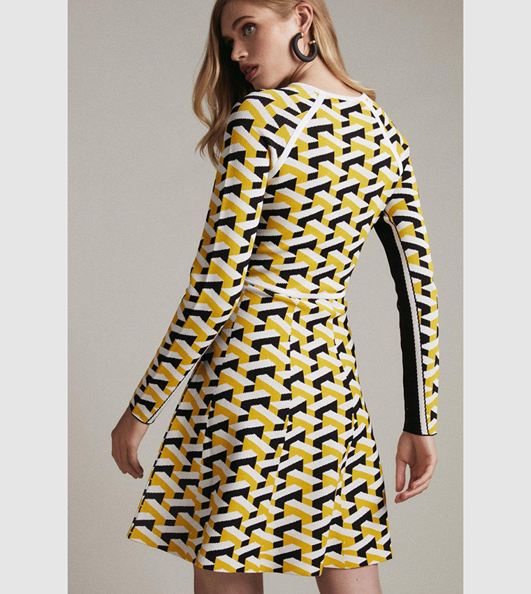 karen millen yellow skater dress KAREN MILLEN Petite Texture Knit Long Sleeved Skater Dress