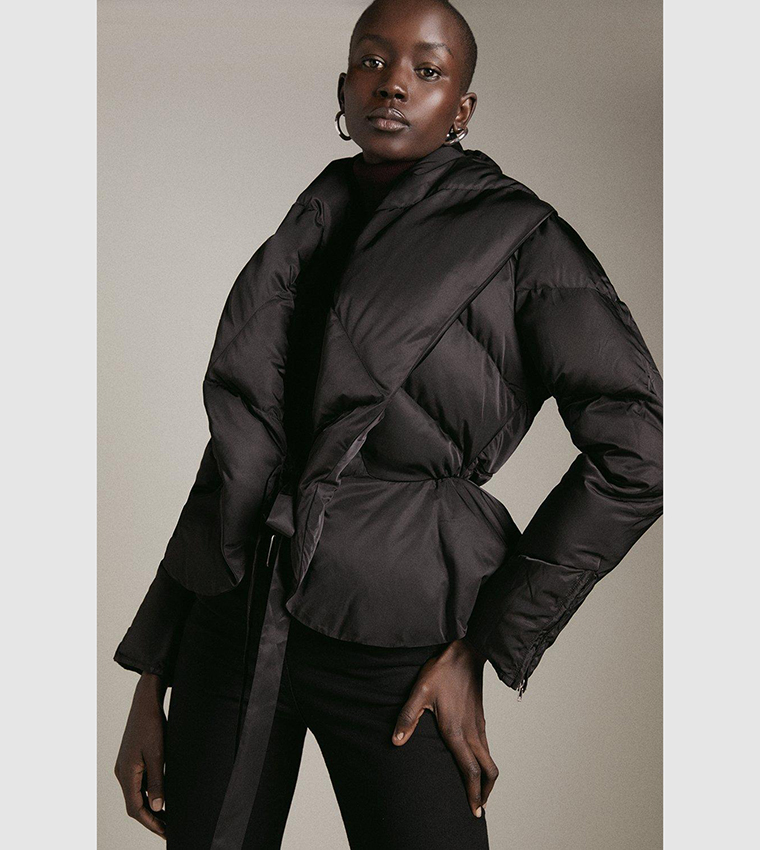 cosy collar puffer tie front coat