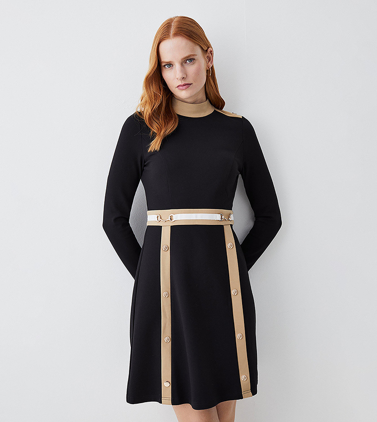 Buy Karen Millen Snaffle Trim Color Block Ponte Funnel Neck Skater Dress In Camel 6thStreet Qatar