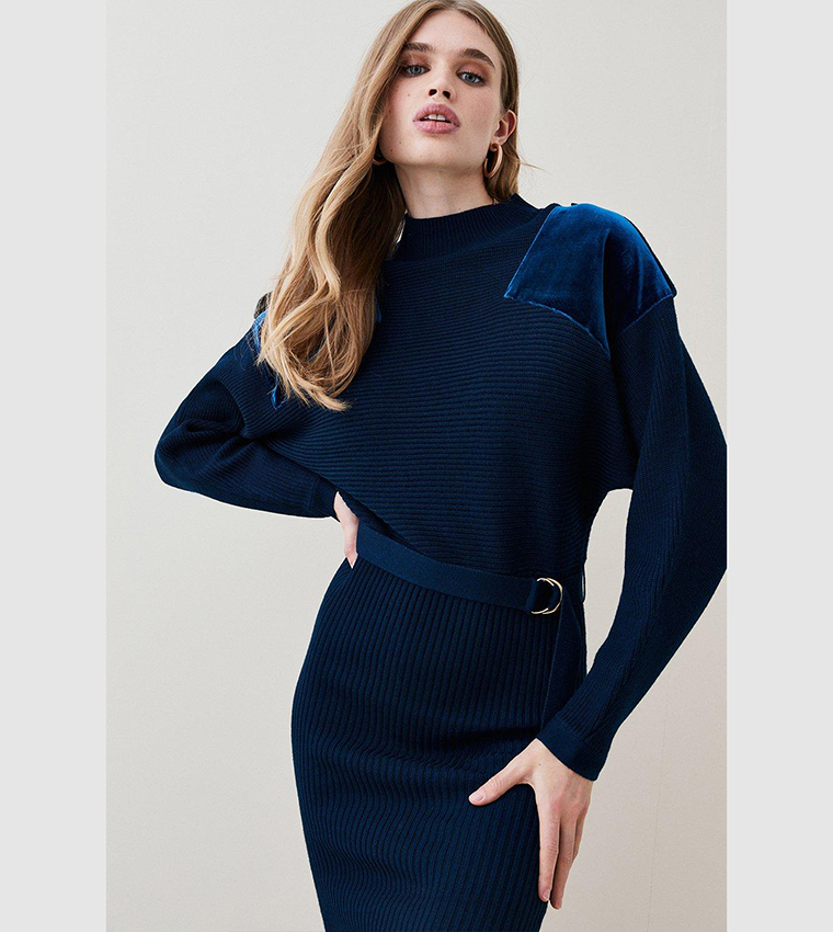 Buy Karen Millen Velvet Paneled Belted Knit Midi Dress In Teal | 6thstreet  UAE