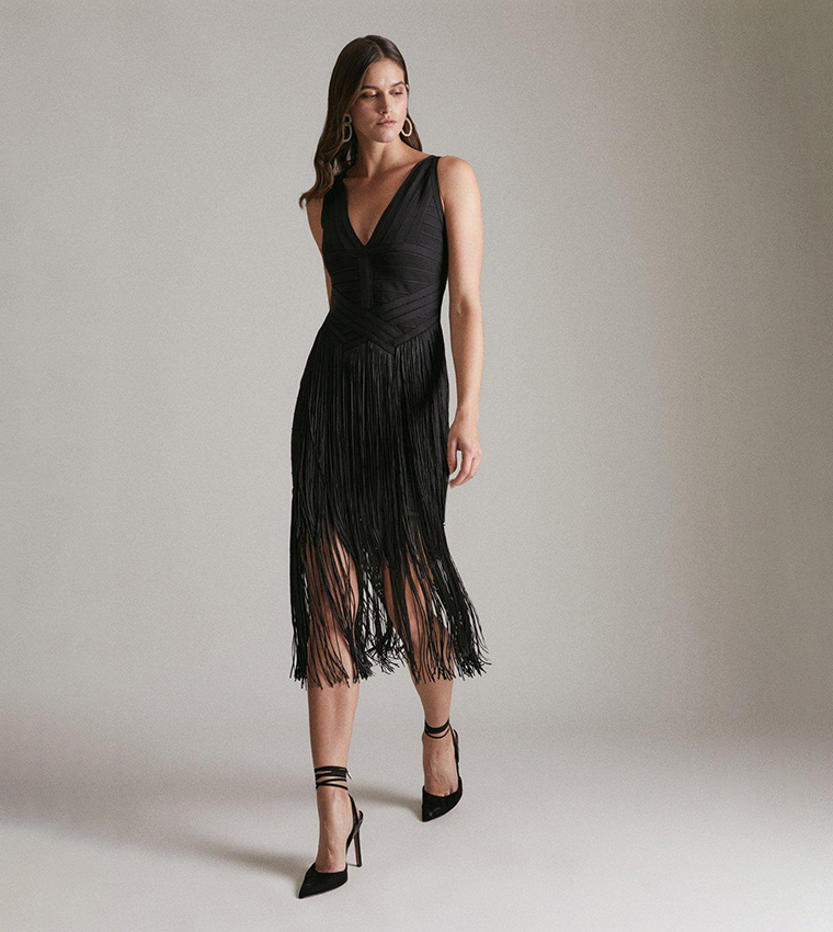 Buy Karen Millen Bandage Knit Fringe Tiered Midi Dress In Black | 6thstreet  Qatar