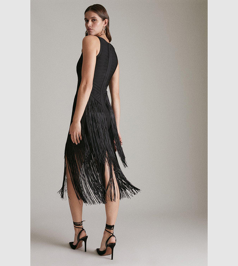 Buy Karen Millen Bandage Knit Fringe Tiered Midi Dress In Black 6thStreet Kuwait