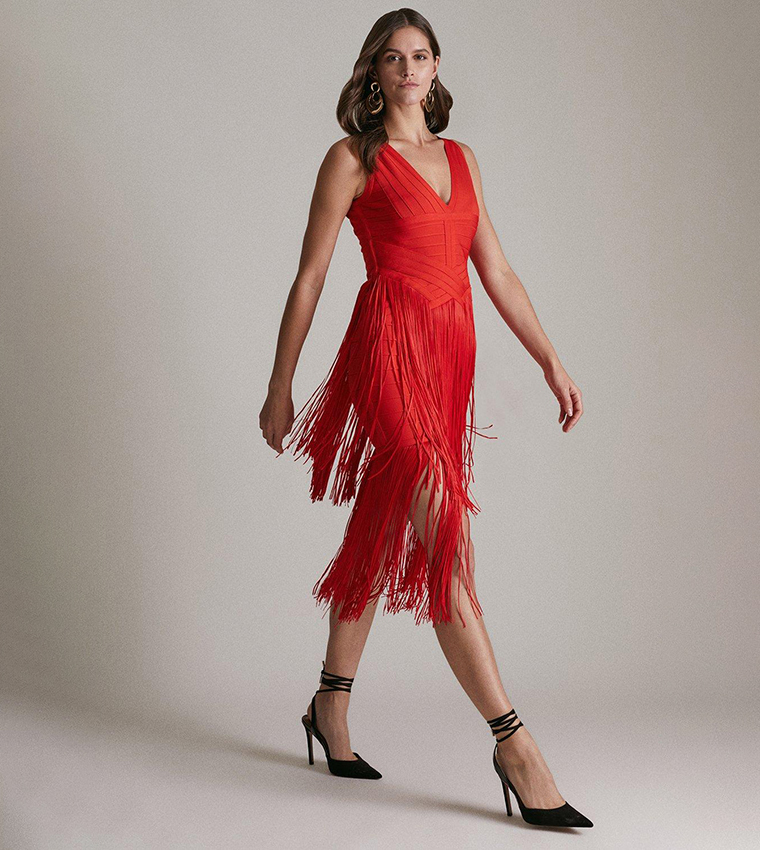 Buy Karen Millen Bandage Knit Fringe Tiered Midi Dress In Red 6thStreet Kuwait