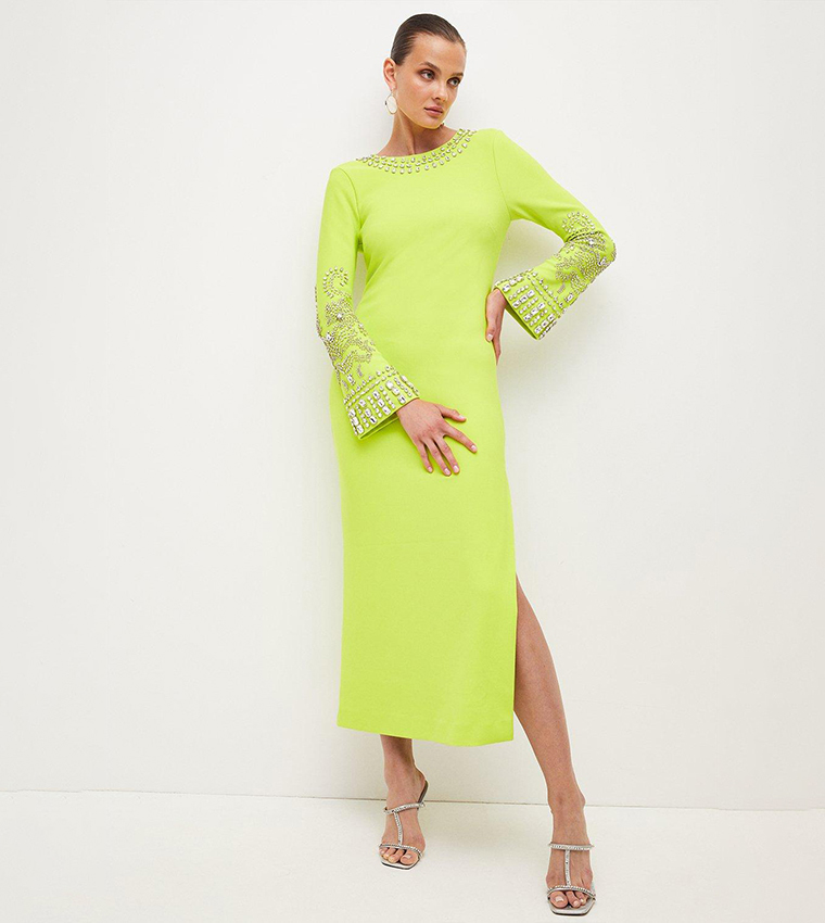 Buy Karen Millen Embellished Detail Figure Form Crepe Midaxi Dress In Lime  | 6thStreet Oman