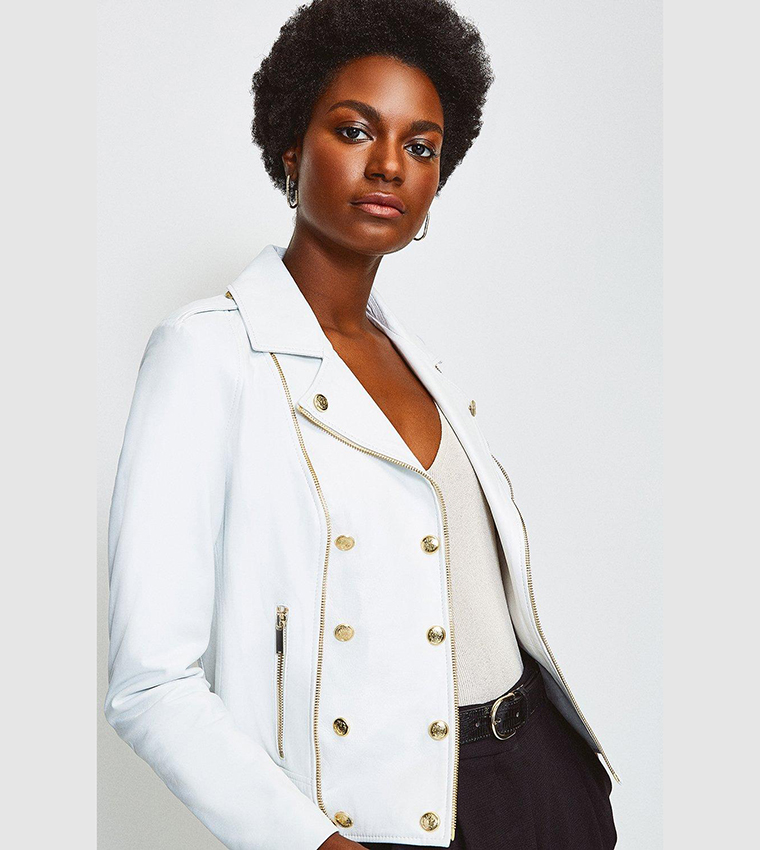 Buy Karen Millen Military Leather Biker Jacket In White 6thStreet Kuwait