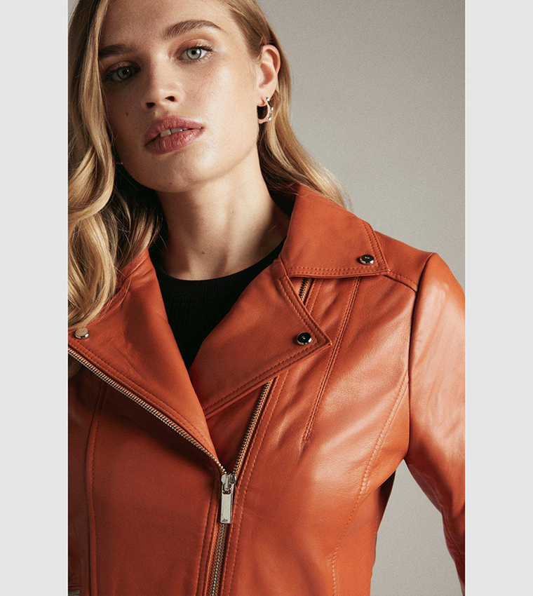 Orange leather biker on sale jacket