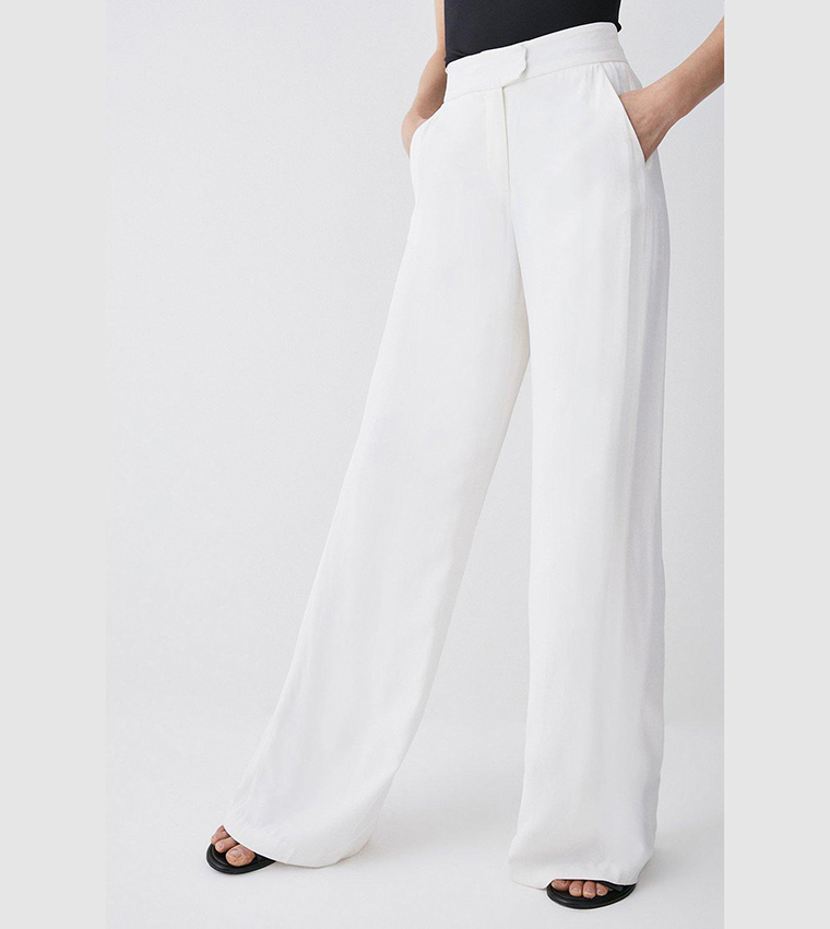 Buy Karen Millen Viscose Satin Back Crepe Wide Leg Trousers In White ...