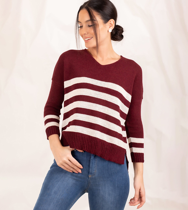 Buy Armonika V Neck Striped Sweater In Burgundy 6thStreet Oman