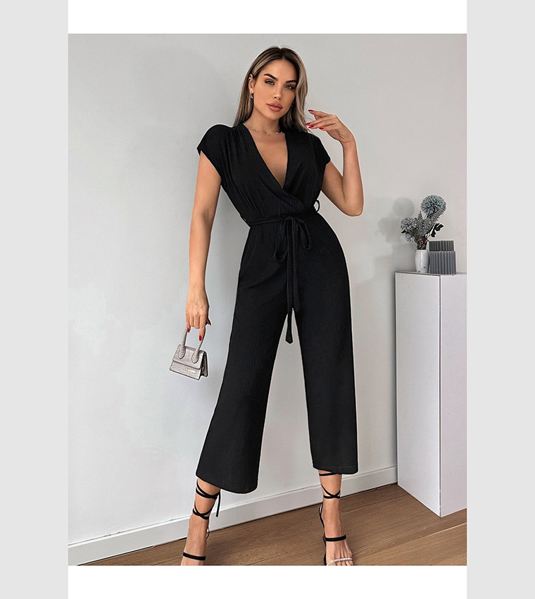 Buy Armonika Ribbed Surplice Neck Belted Jumpsuit In Black 6thstreet