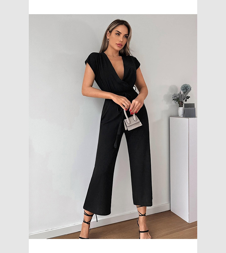 Buy Armonika Ribbed Surplice Neck Belted Jumpsuit In Black 6thstreet