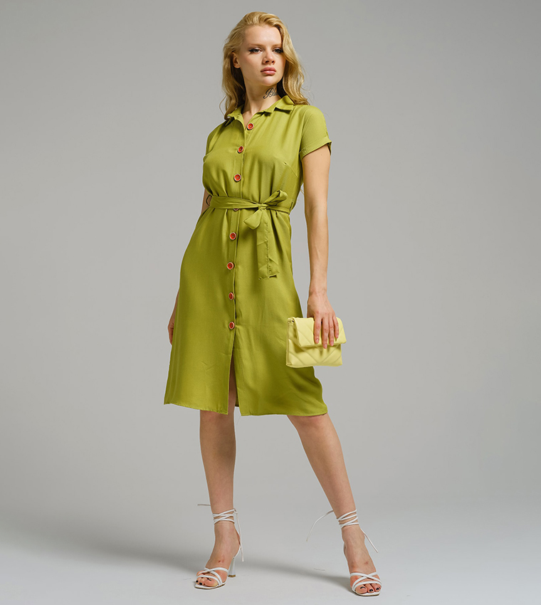 Buy Armonika Belted Short Sleeves Shirt Dress In Green 6thStreet UAE