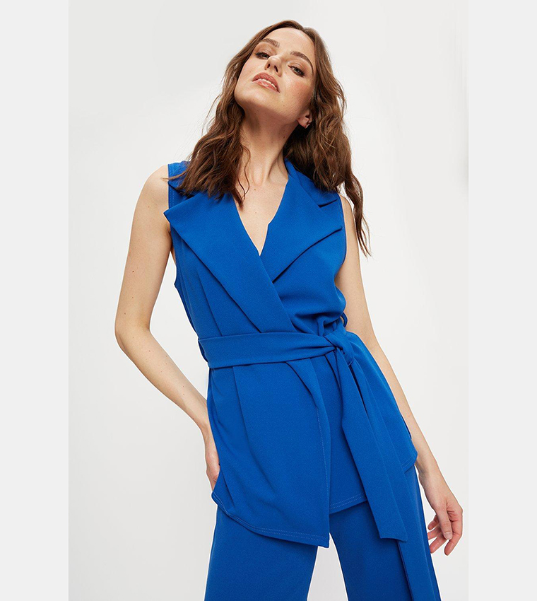 Buy Dorothy Perkins Sleeveless Jersey Belted Blazer In Blue