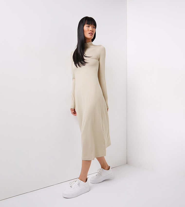 Buy Ardene Solid Long Sleeves Midi Dress In Beige | 6thStreet Qatar