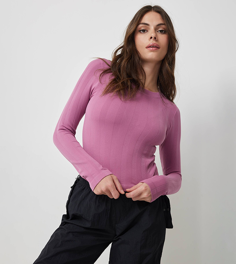 Buy Ardene Ribbed Long Sleeves Cropped Top In Pink | 6thstreet UAE