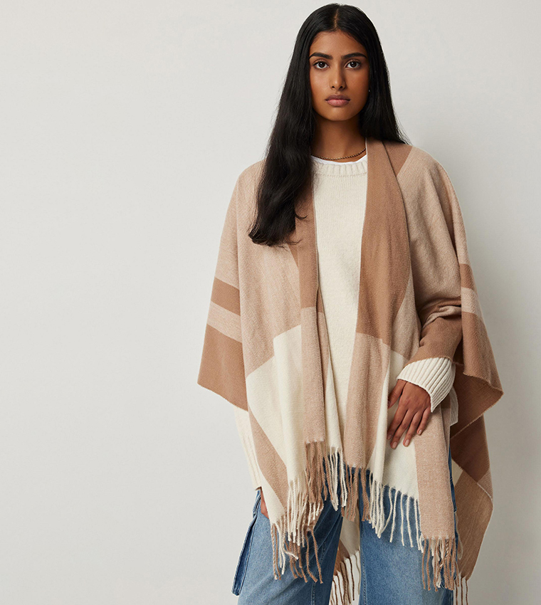 Plaid Fringe Trim Poncho
