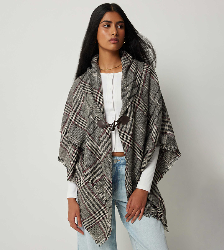 Plaid Poncho with Toggle Button