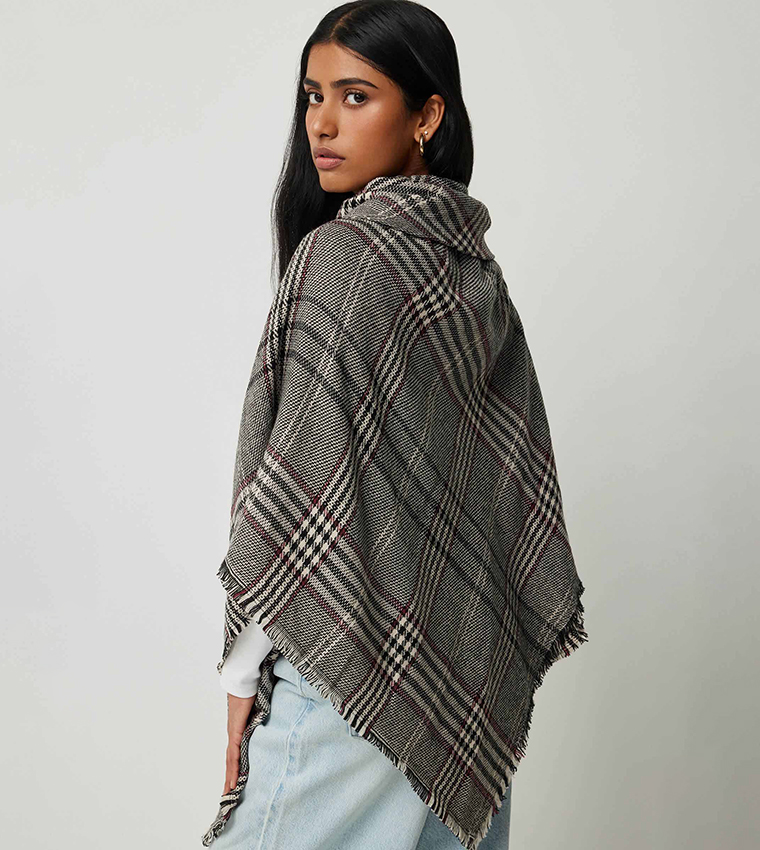 Plaid Poncho with Toggle Button